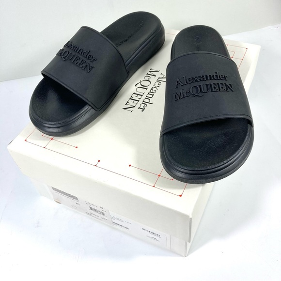 *SOLD* Alexander McQueen Hybrid Slides Logo Embossed Black Sandals 40 NEW - Picture 4 of 16